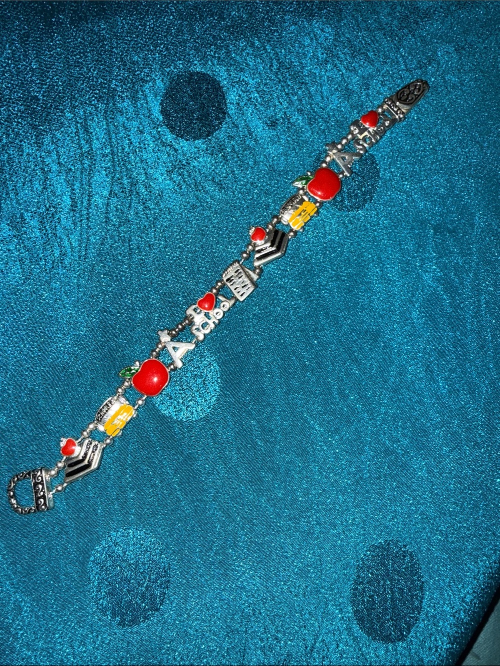 School Charm Link Bracelet with Red Heart Accents